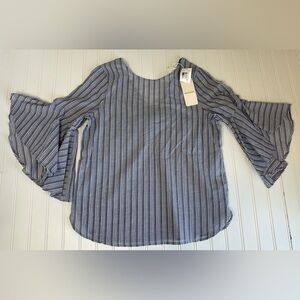 Pleione Ruffle Bell Sleeve Knot Back Striped Top Blouse Women XS NEW. 1149
